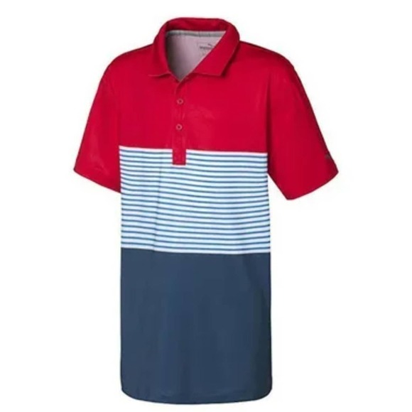 Puma Boy's Large Taylor Golf Polo Barbados Cherry Drycell Red Blue NWT - Picture 2 of 10